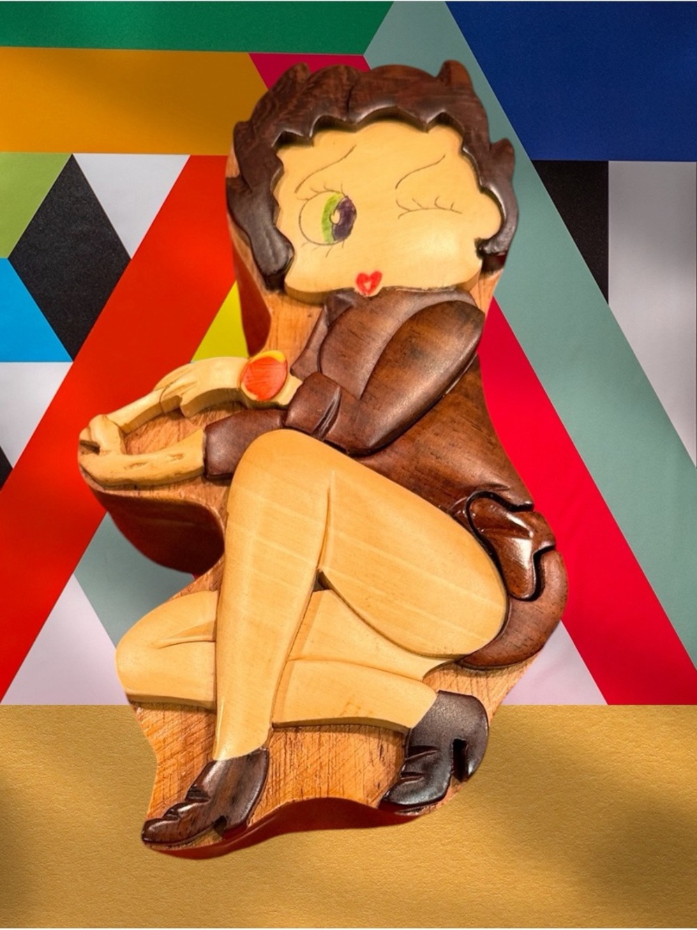 Betty Boop Hand Carved Artisan Wood Puzzle Trinket Box Size 6x4×2